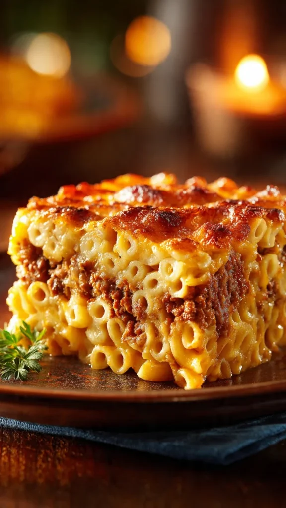 Delicious Mac and Cheese Meatloaf Casserole topped with melted cheese