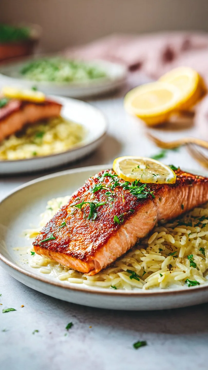 Mediterranean Salmon with Lemon Orzo served on a plate