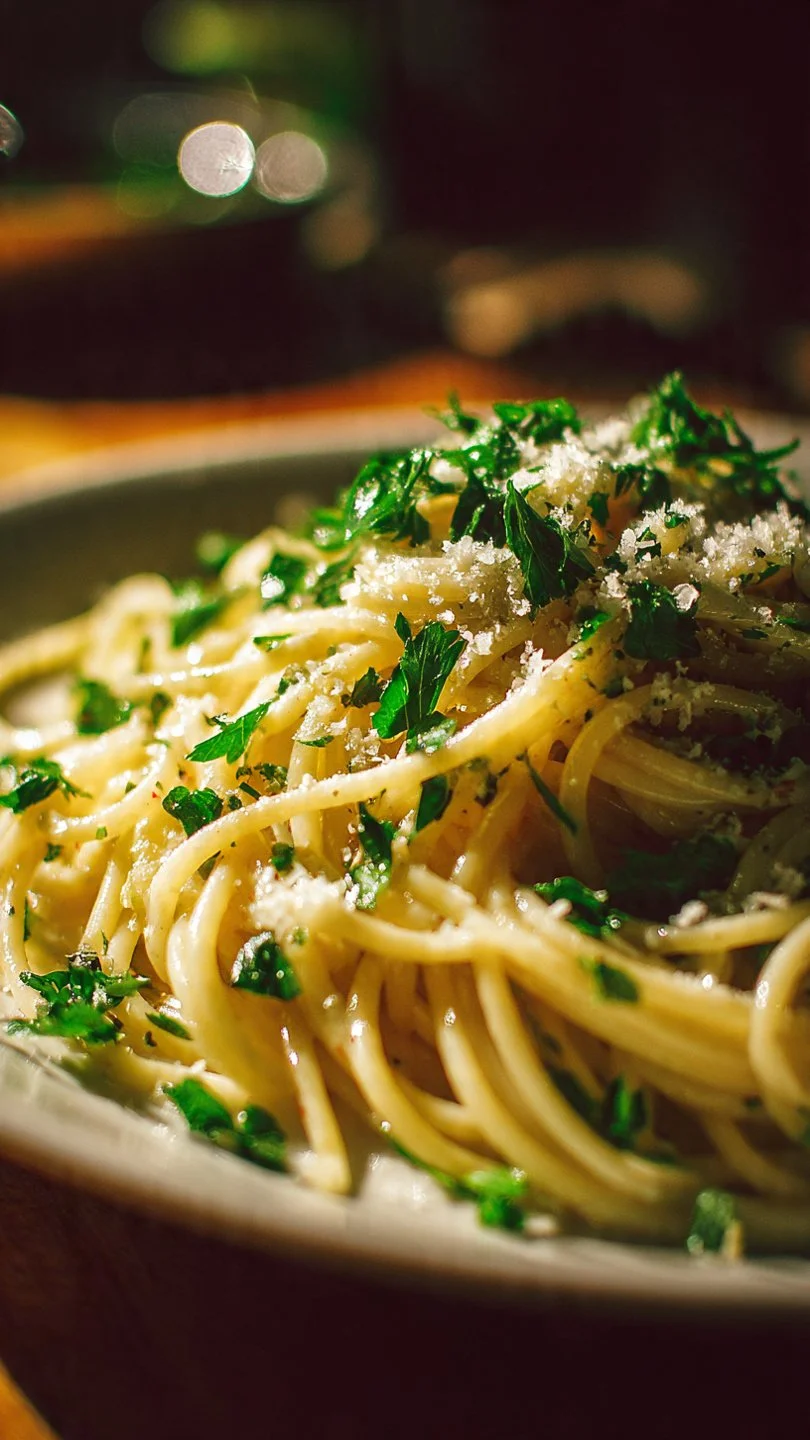 Delicious midnight pasta dish with fresh ingredients and herbs