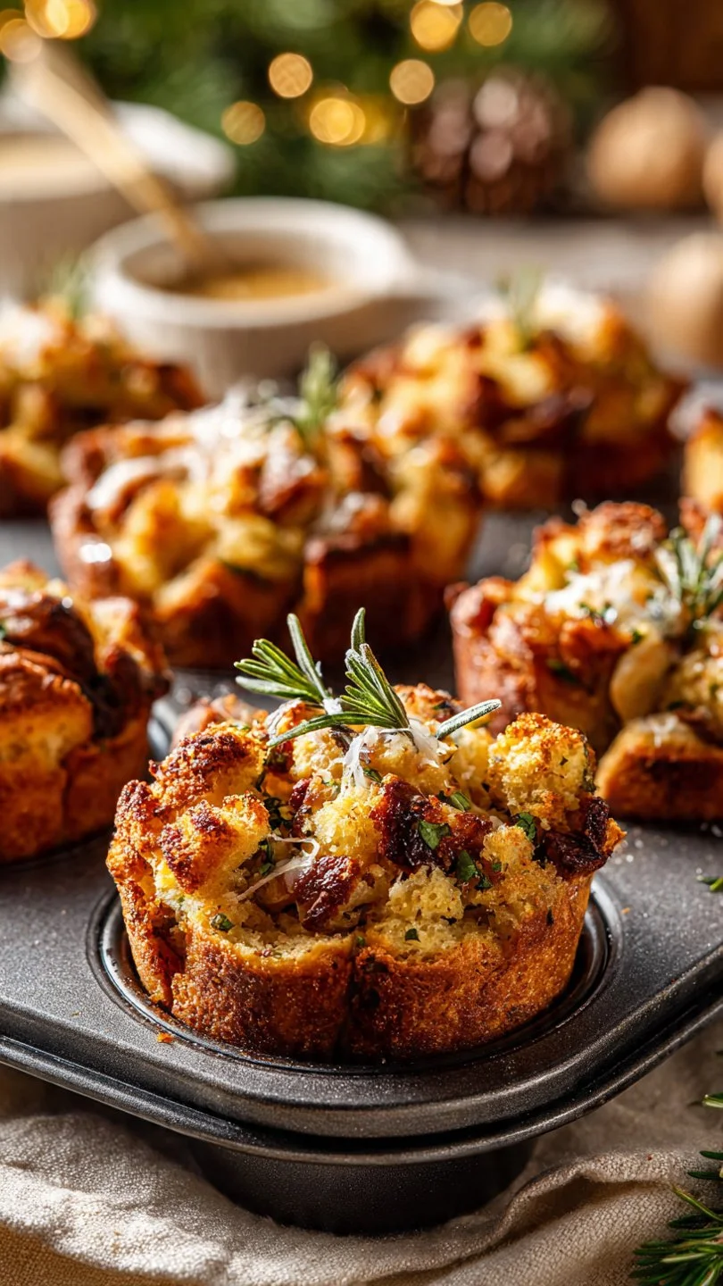 Muffin tin turkey and stuffing cups arranged on a festive table