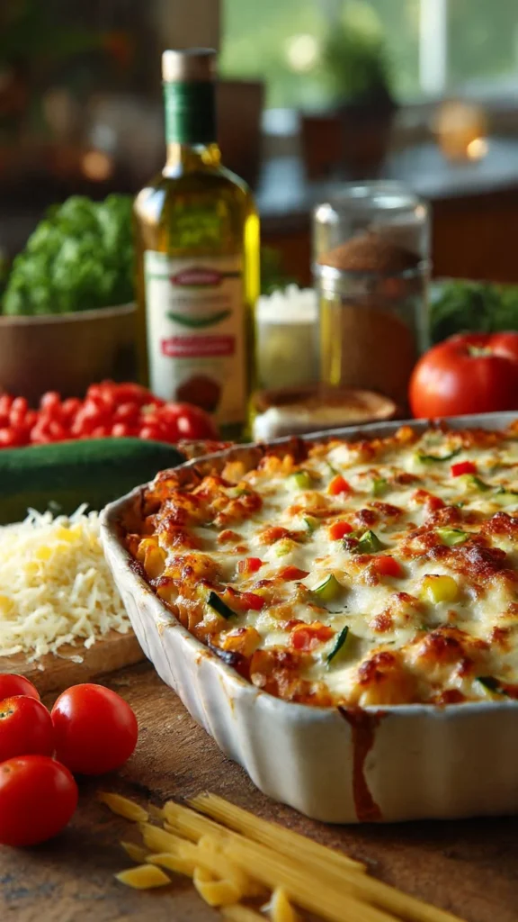 Delicious Nana's Pasta Bake served in a rustic dish, topped with melted cheese.