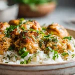 A delicious one pot chicken and rice dish garnished with herbs.