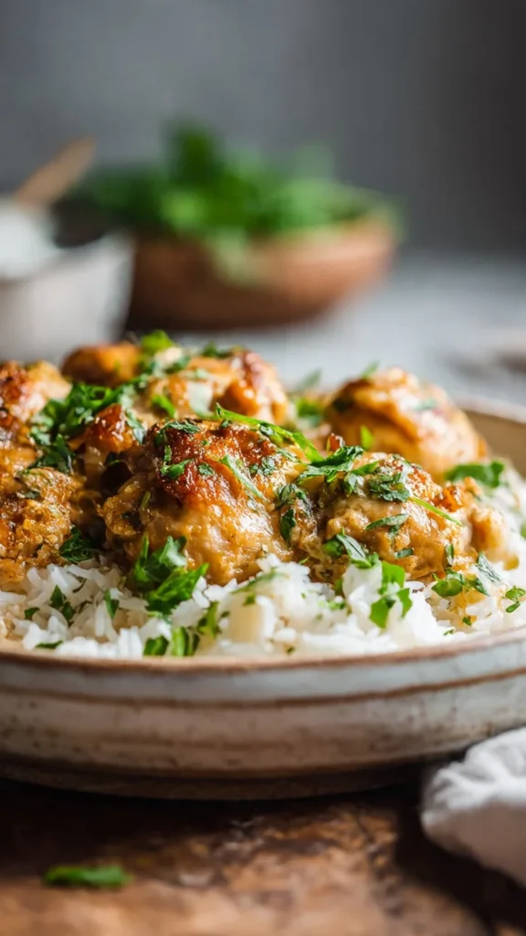 A delicious one pot chicken and rice dish garnished with herbs.