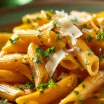 One pot creamy garlic pasta served in a bowl with parsley garnish