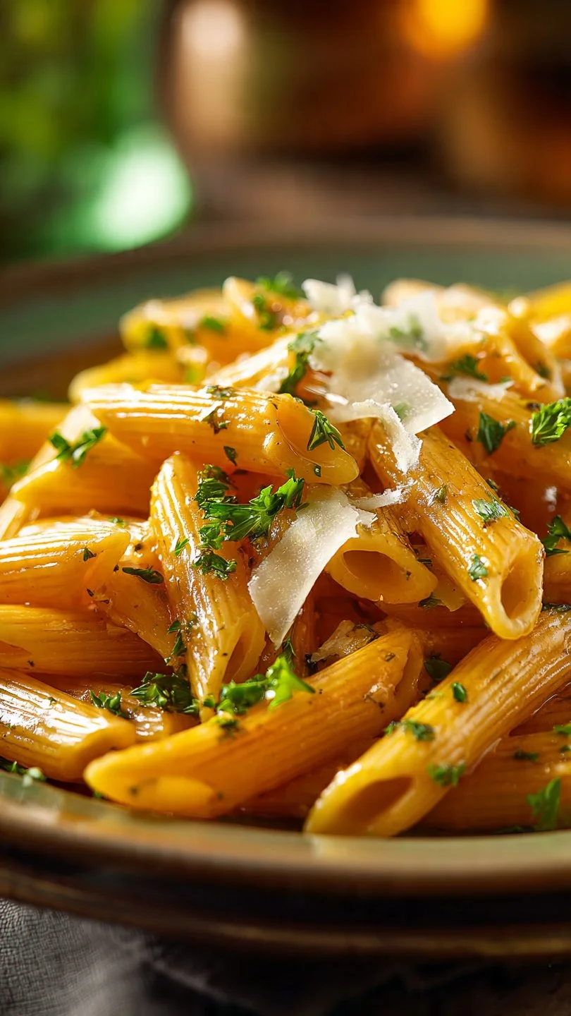 One pot creamy garlic pasta served in a bowl with parsley garnish
