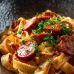 One Pot Kielbasa Pasta with vegetables in a skillet