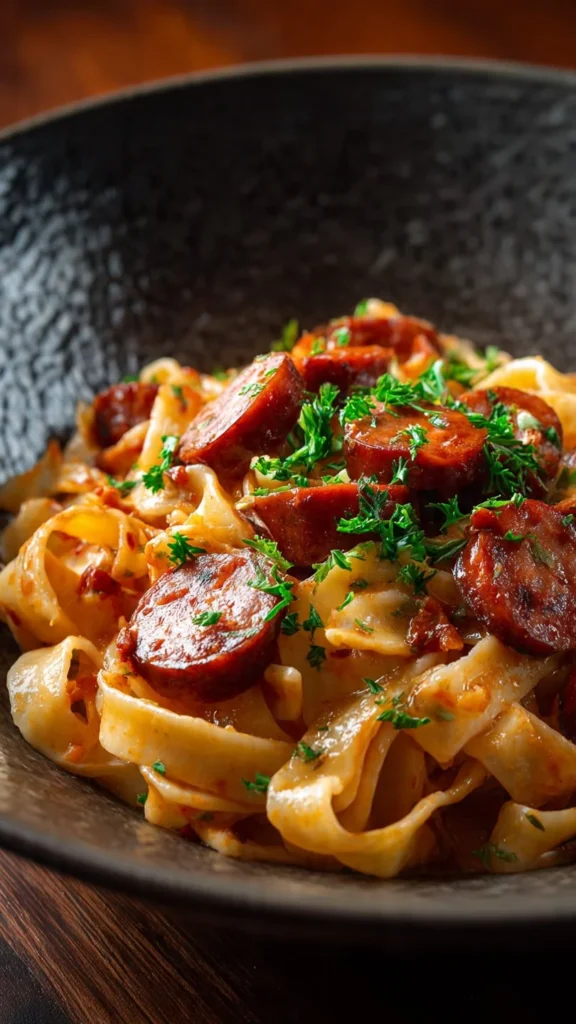 One Pot Kielbasa Pasta with vegetables in a skillet
