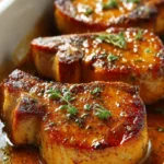 Delicious oven baked pork chops served with herbs and spices