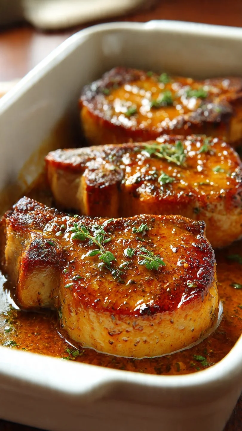 Delicious oven baked pork chops served with herbs and spices