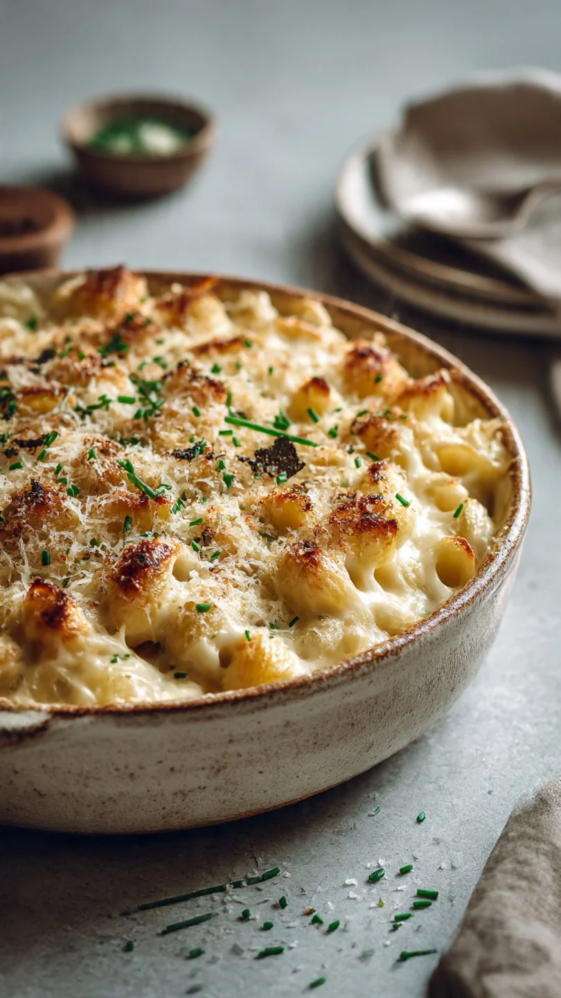Delicious oven truffle mac and cheese with a creamy cheese sauce and truffle oil
