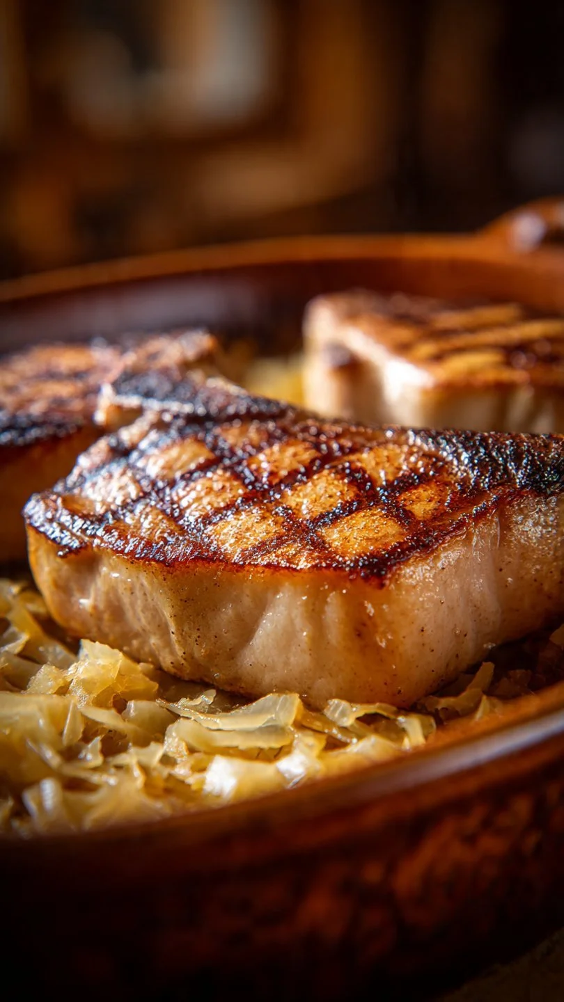 Pork Chop and Sauerkraut Casserole served on a plate