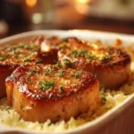 Pork Chop Casserole served in a baking dish with herbs and vegetables