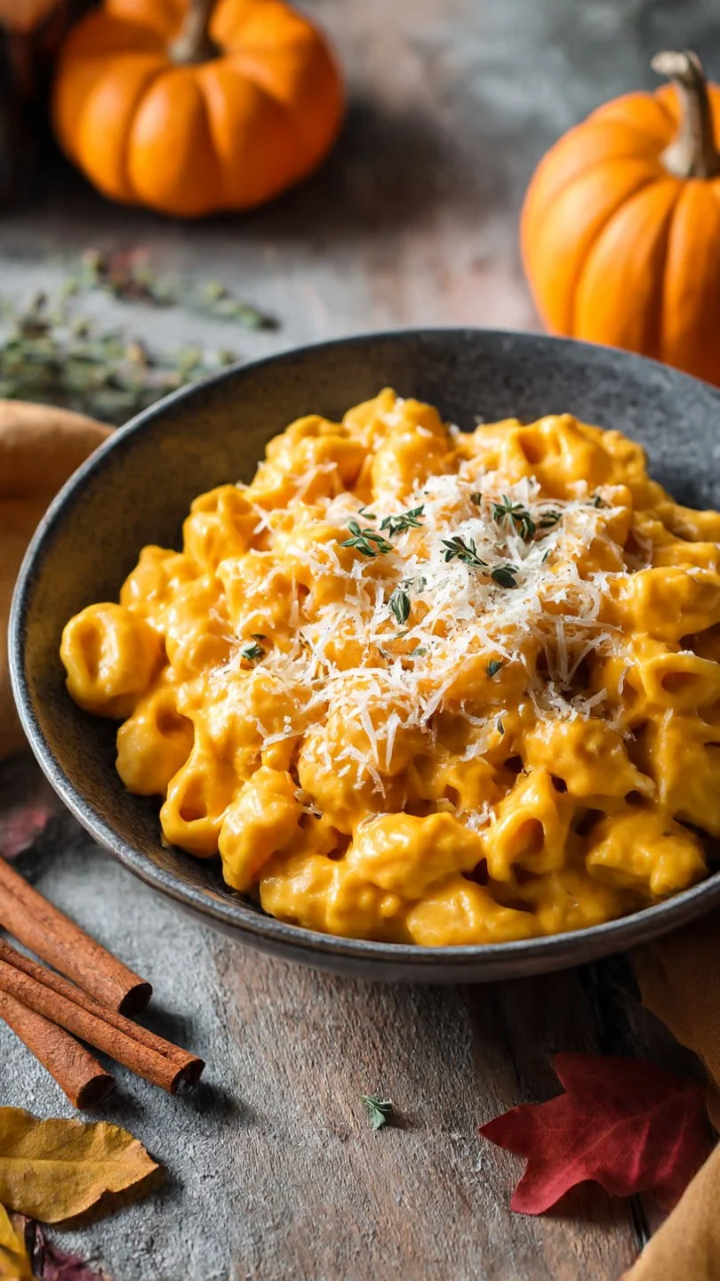 Creamy Pumpkin Mac and Cheese topped with herbs and pumpkin seeds