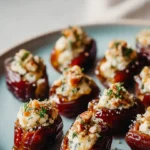 Delicious roasted stuffed dates garnished with herbs on a wooden serving board.