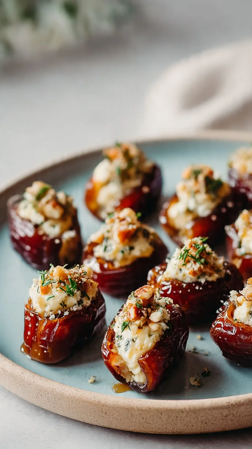 Delicious roasted stuffed dates garnished with herbs on a wooden serving board.