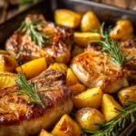 Sheet pan pork chops with seasoned potatoes ready for a tasty dinner