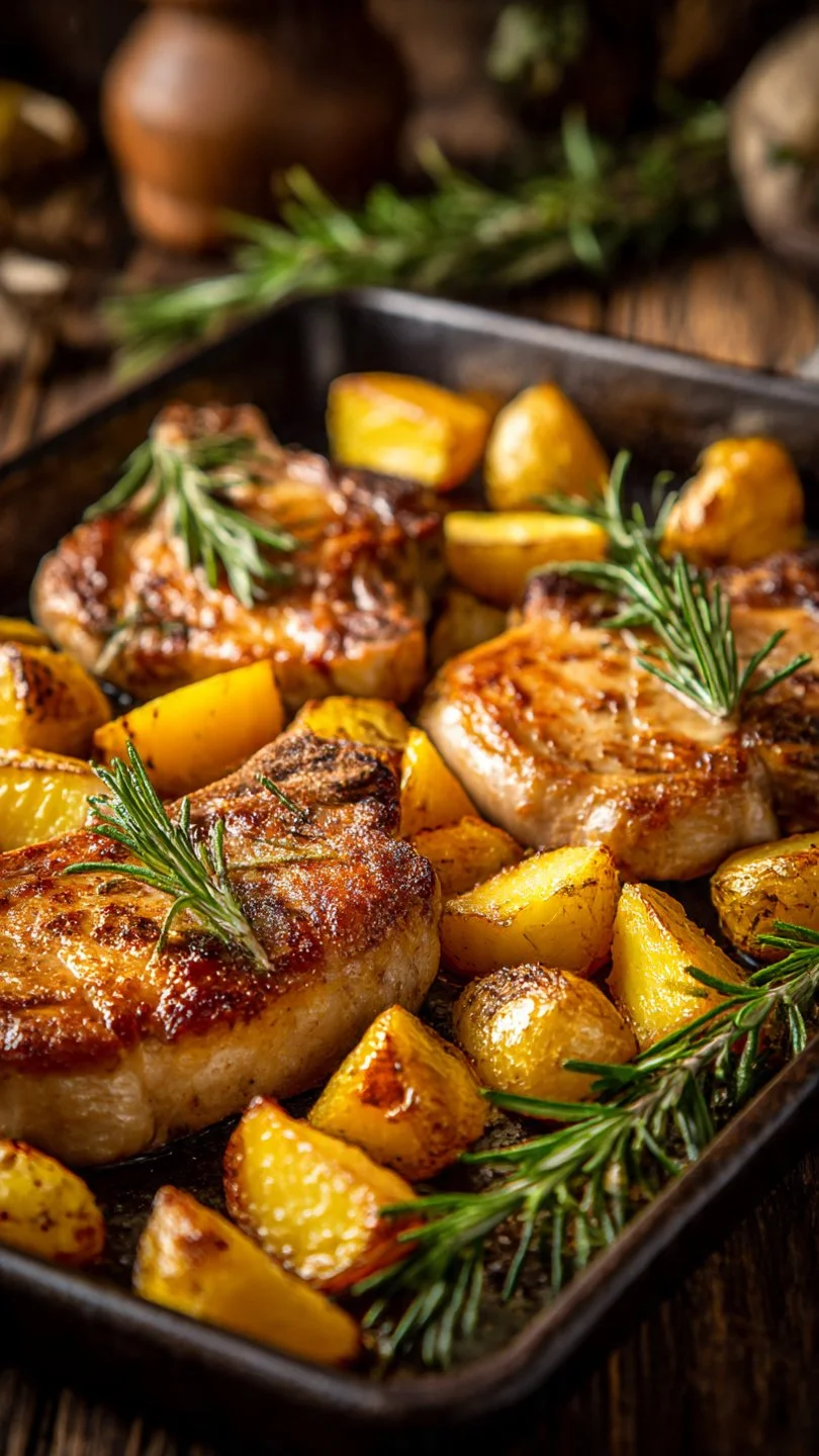 Sheet pan pork chops with seasoned potatoes ready for a tasty dinner