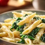 Plate of simple pasta with fresh spinach and a sprinkle of parmesan cheese