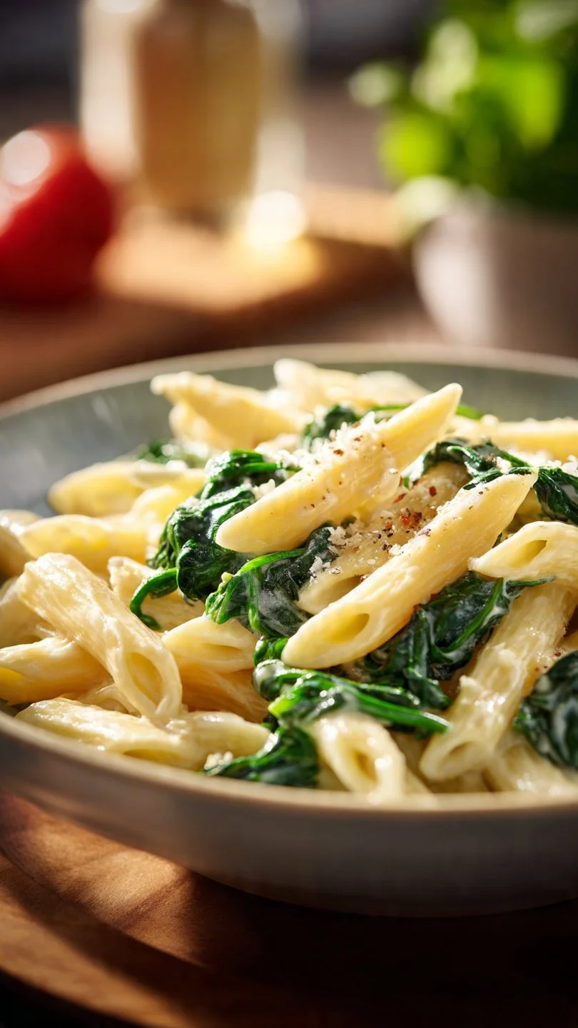 Plate of simple pasta with fresh spinach and a sprinkle of parmesan cheese