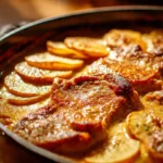 Smothered pork chop served with scalloped potato casserole on a plate