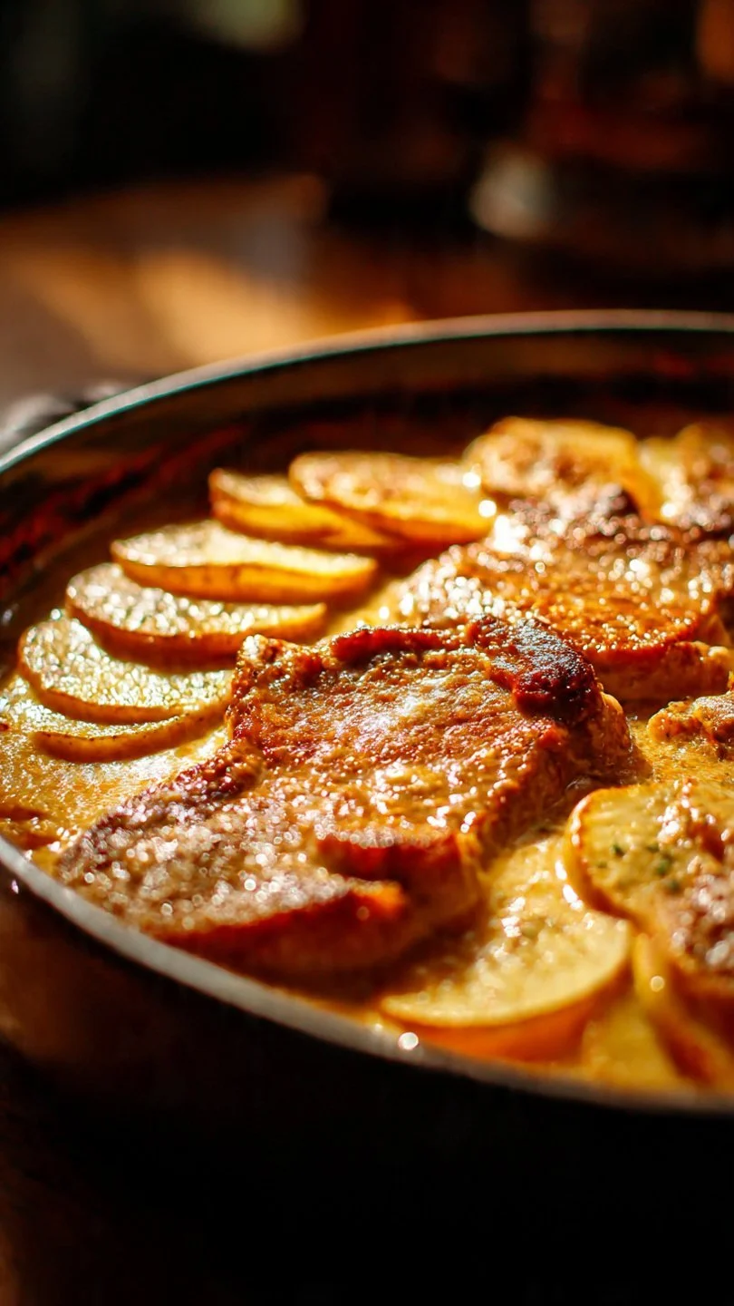 Smothered pork chop served with scalloped potato casserole on a plate