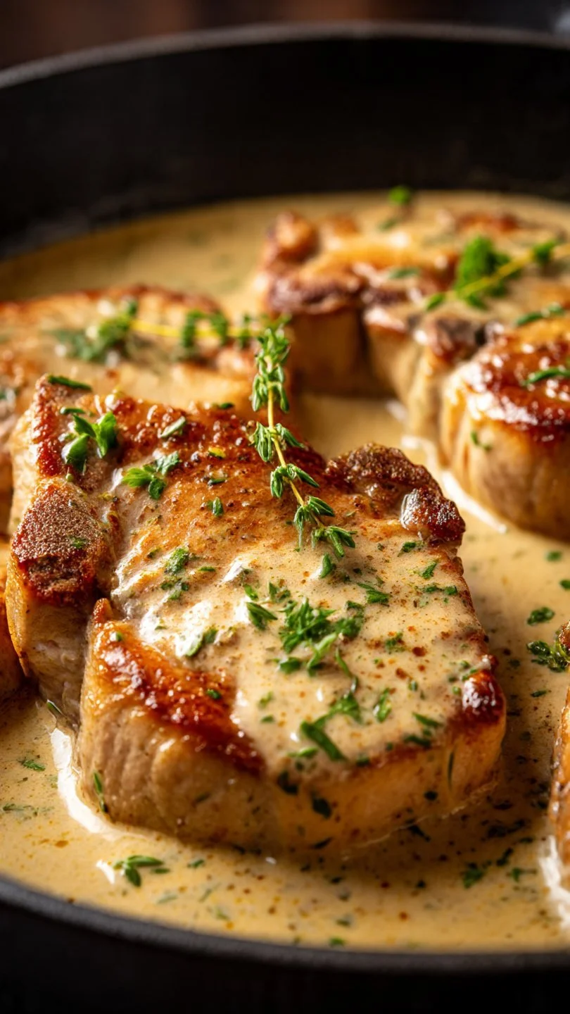 Delicious smothered pork chops served with a side of creamy gravy.