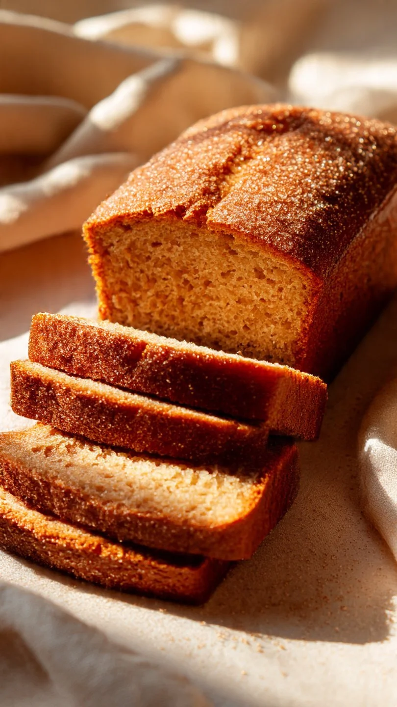 Sourdough apple cider donut quick bread topped with cinnamon sugar.
