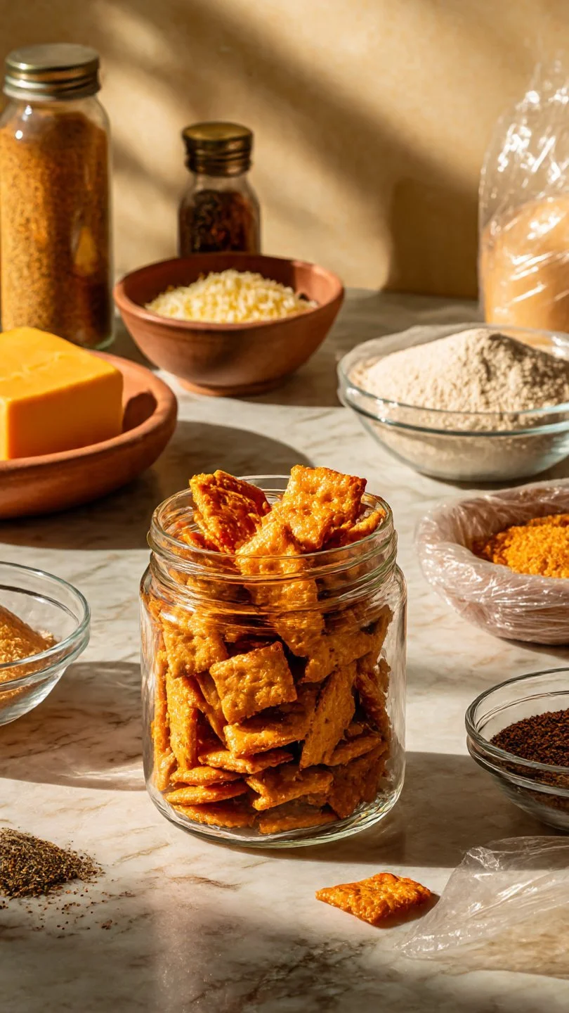 Homemade Sourdough Cheez Its on a wooden board with cheese block