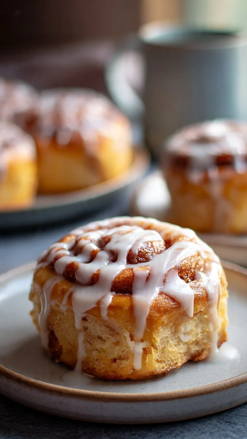 Freshly baked sourdough discard cinnamon rolls with gooey icing.
