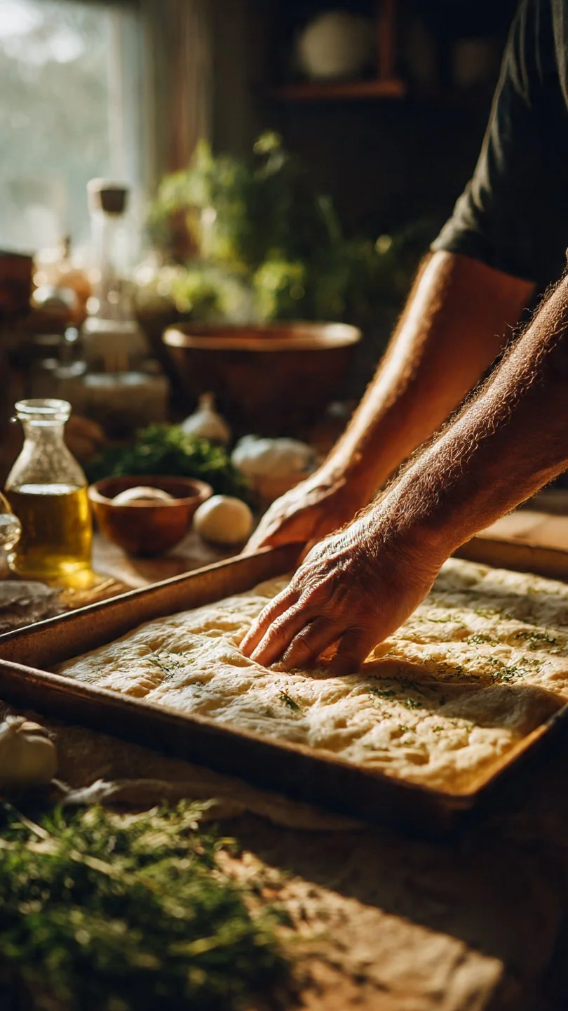 Freshly baked sourdough focaccia topped with herbs and olive oil