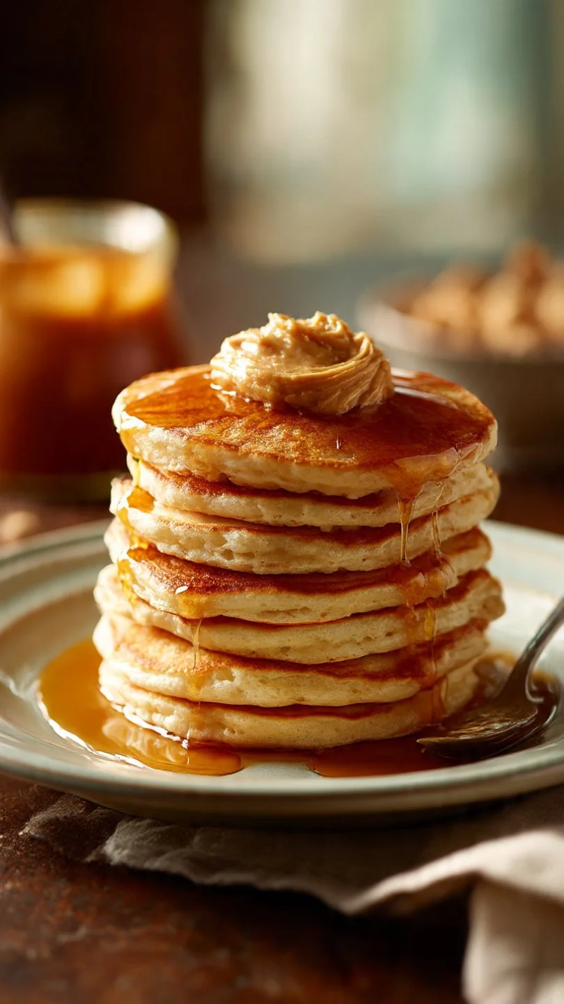 Fluffy sourdough pancakes topped with fresh fruit and maple syrup
