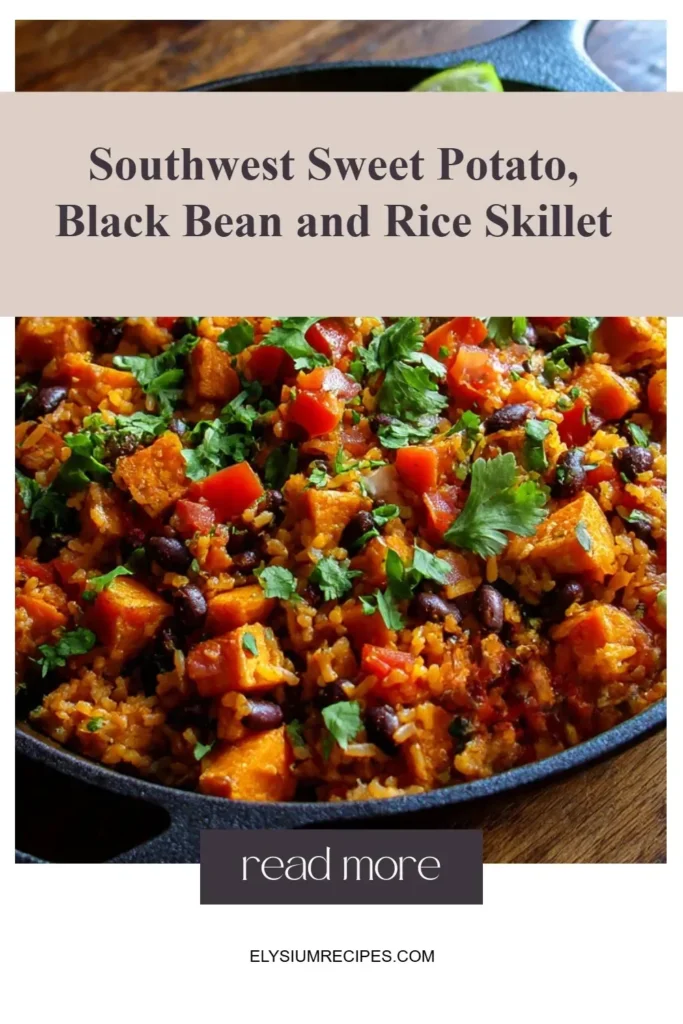 A colorful Southwest sweet potato, black bean, and rice skillet dish in a cast iron pan.