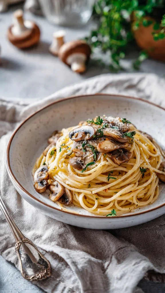 Plate of spaghetti topped with mushroom garlic butter sauce