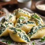Plate of spinach and ricotta stuffed shells topped with marinara sauce and herbs