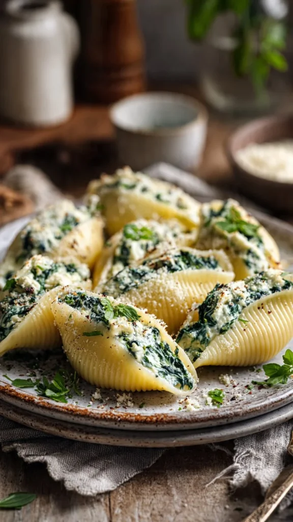 Plate of spinach and ricotta stuffed shells topped with marinara sauce and herbs
