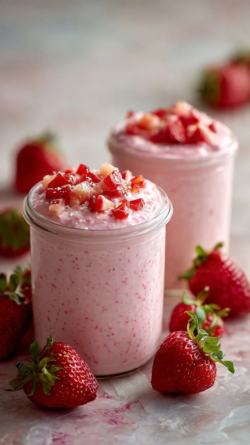 Delicious strawberries and cream overnight oats in a jar