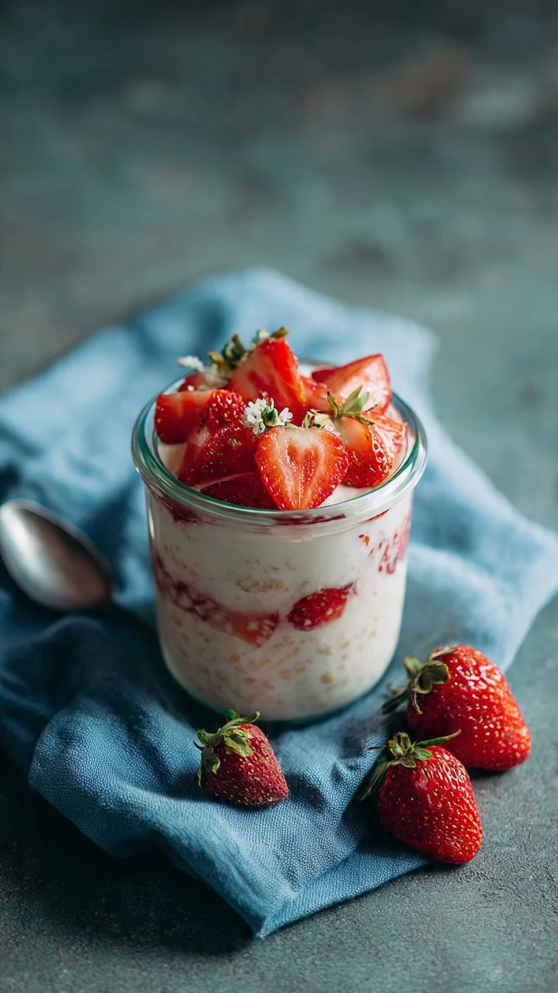 Bowl of strawberry yogurt overnight oats topped with fresh strawberries