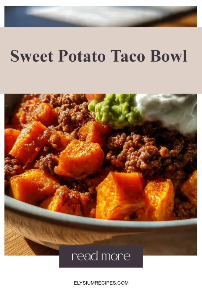 Colorful sweet potato taco bowl filled with healthy ingredients and toppings