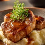 Deliciously cooked tender juicy pork chops on a plate with herbs