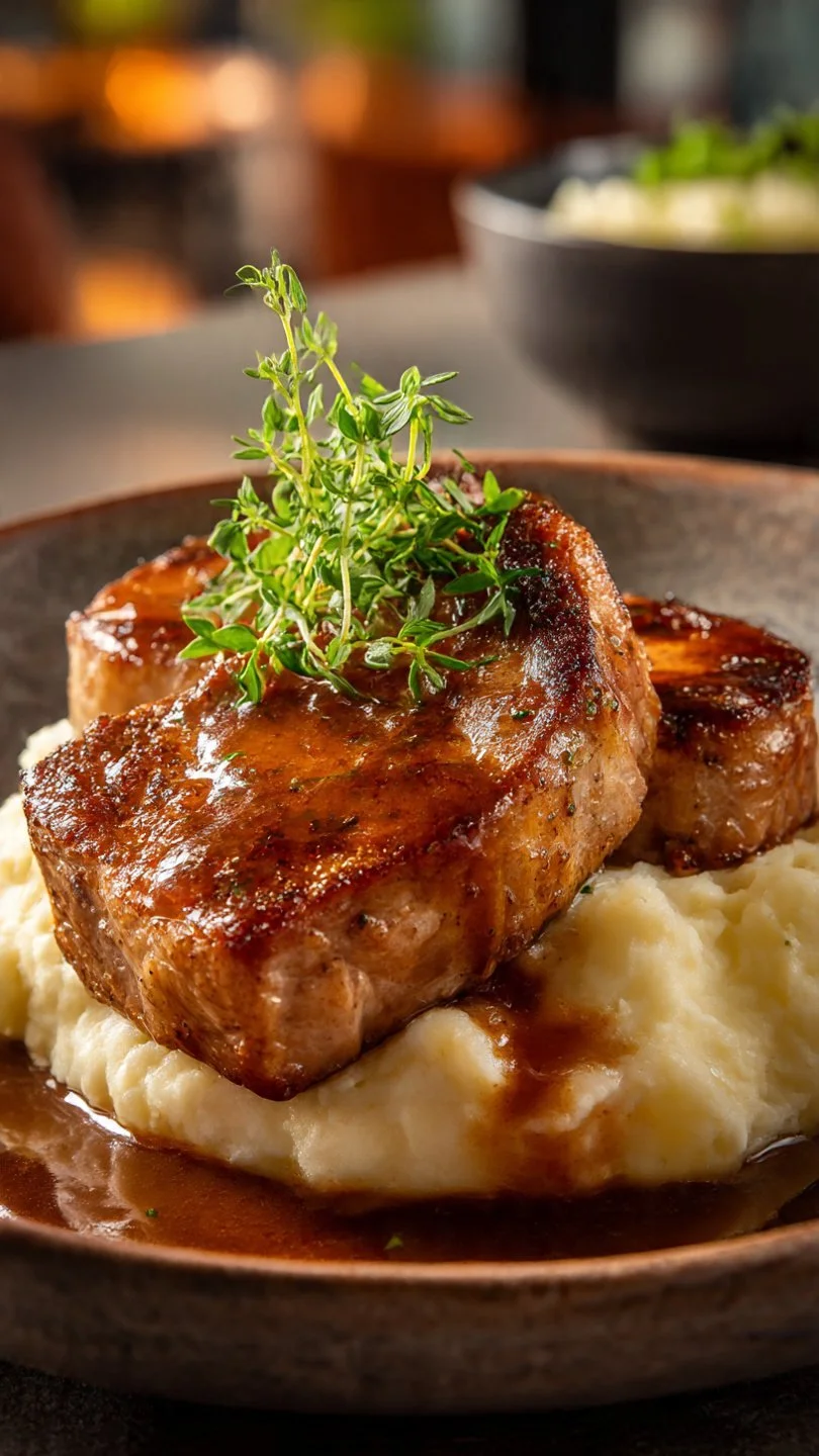 Deliciously cooked tender juicy pork chops on a plate with herbs
