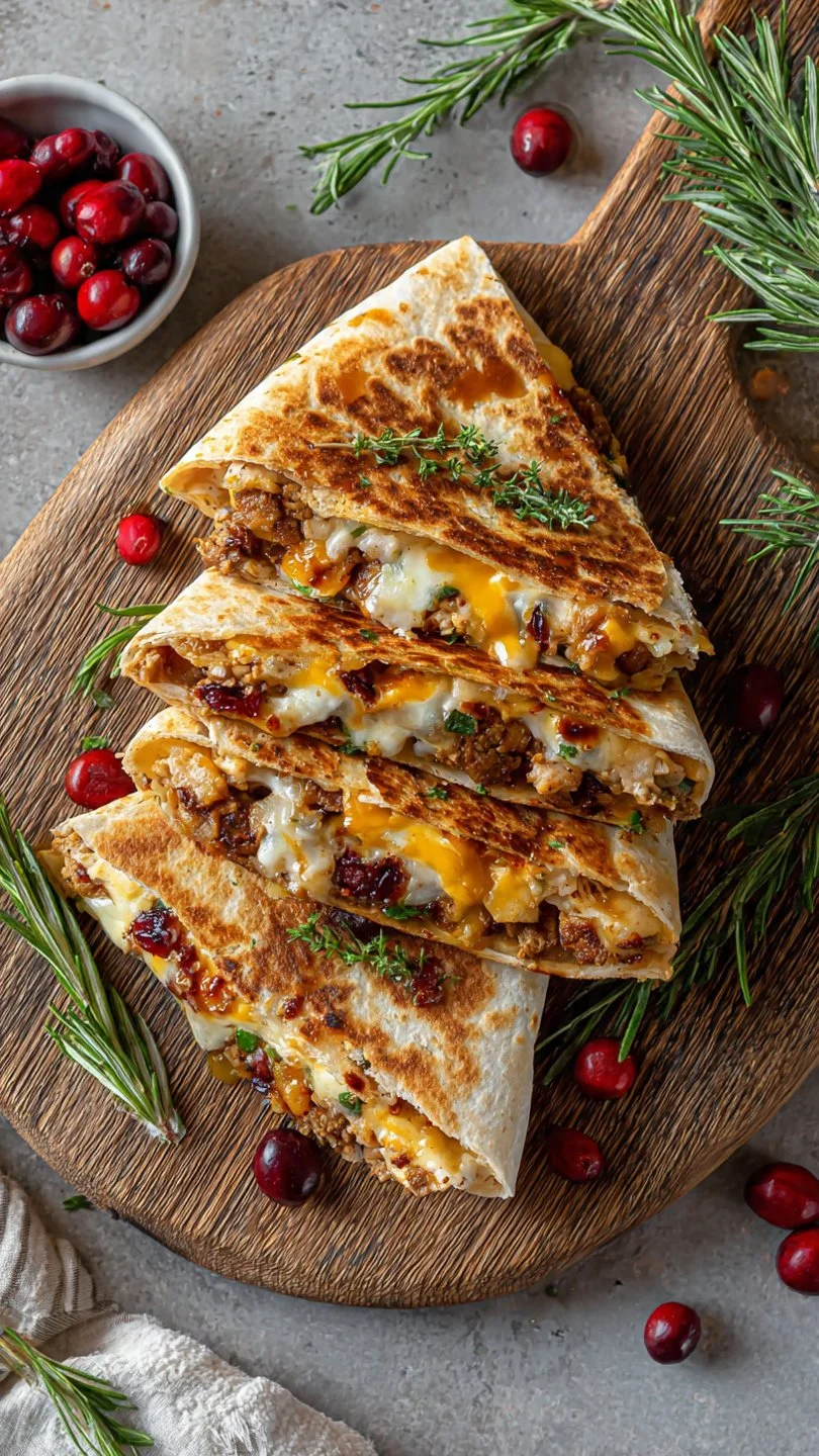 Thanksgiving Crunchwrap filled with turkey, stuffing, and cranberry sauce.