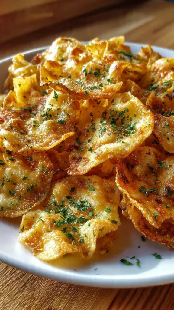 Crispy air fryer pasta chips served in a bowl, seasoned with herbs.