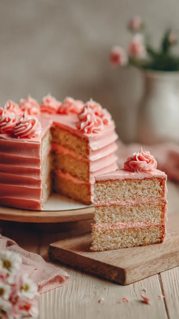 Almond cake with maraschino cherry buttercream frosting on a decorative plate