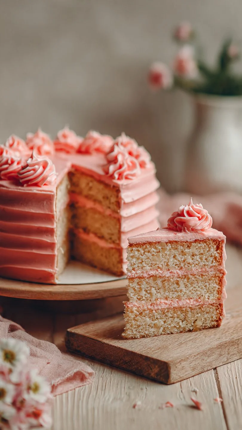 Almond cake with maraschino cherry buttercream frosting on a decorative plate
