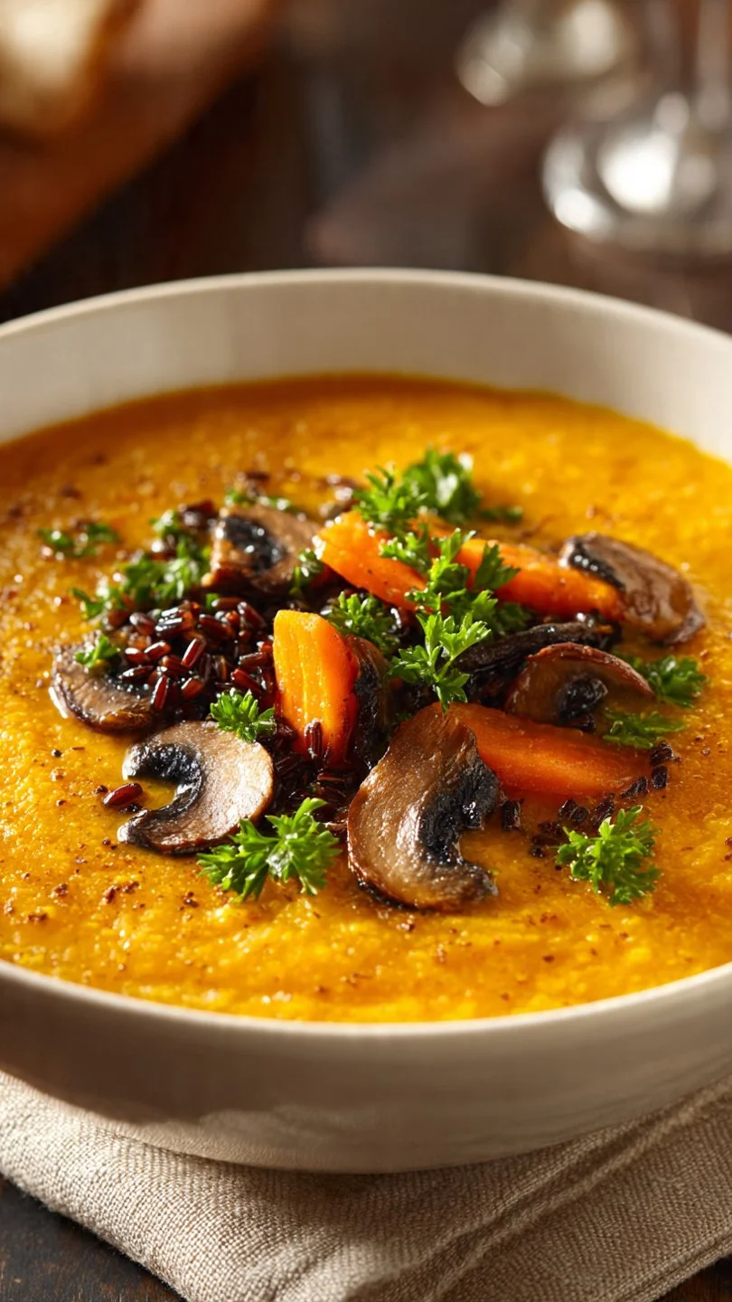 Bowl of delicious Autumn Wild Rice Soup with fresh vegetables and herbs