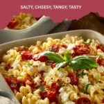 Delicious baked feta pasta with tomatoes and basil, fresh out of the oven.