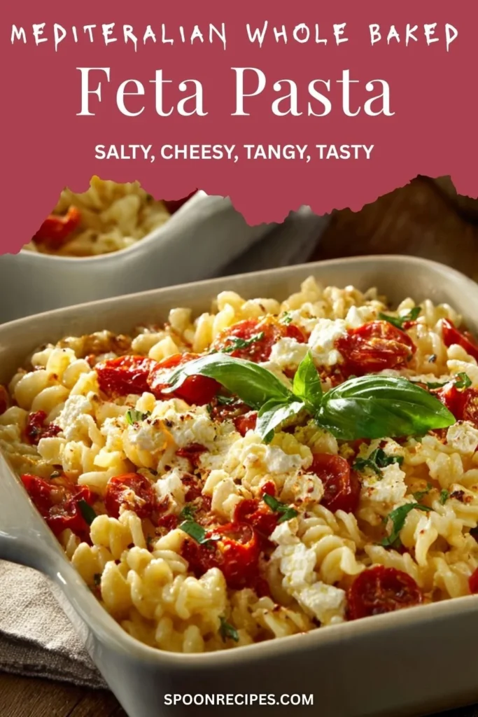 Delicious baked feta pasta with tomatoes and basil, fresh out of the oven.