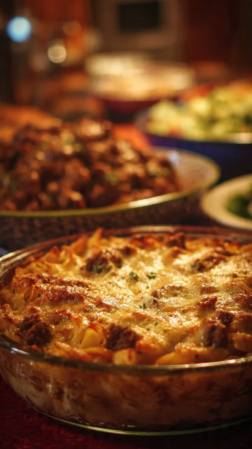 Delicious beef pasta casserole baked to perfection with hearty ingredients