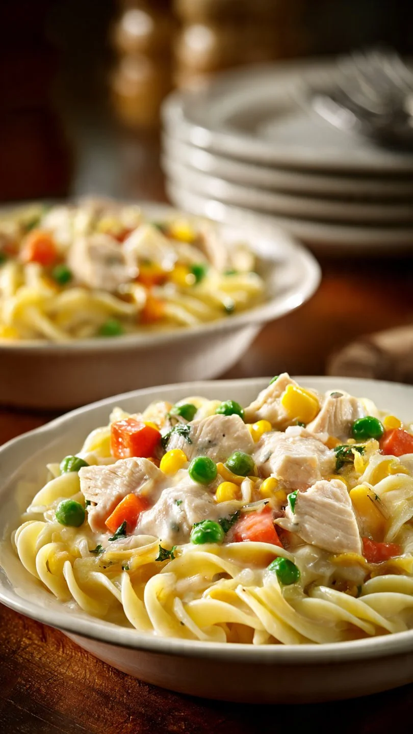 Delicious serving of Classic Chicken Pot Pie Pasta with fresh ingredients