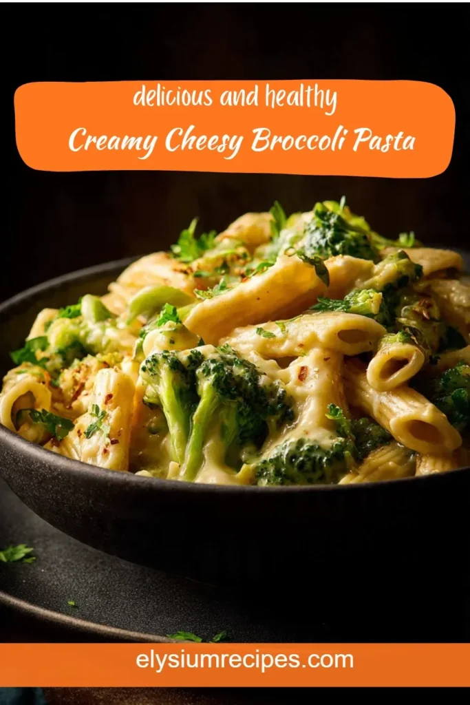 Delicious creamy cheesy broccoli pasta served in a bowl.